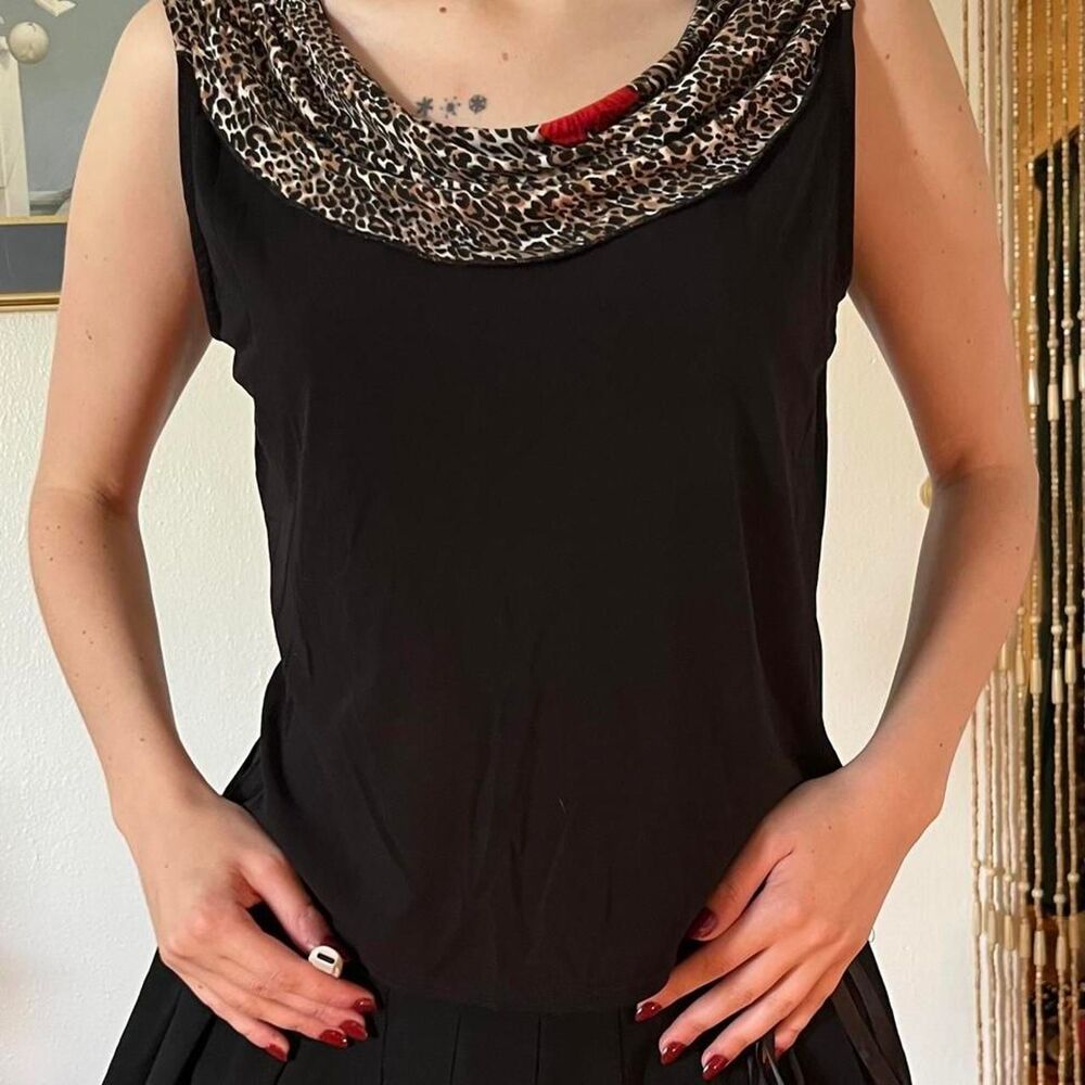 Vintage 90s Black Tank Leopard Cowl Neck Size L New York City Design Co Mob Wife